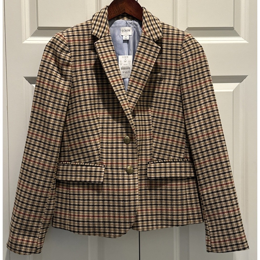 J CREW Womans Wool Blend Schoolboy Blazer Jacket Houndstooth Plaid Tan Black Sz4
